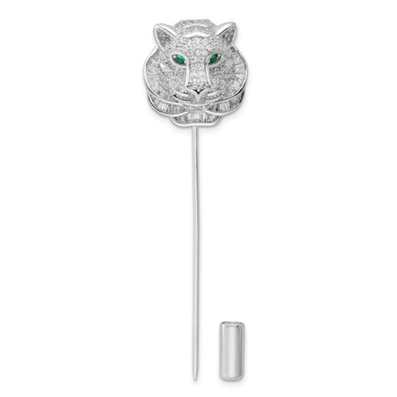 Sterling Silver Rhodium-plated Polished Clear and Green CZ Tiger Pin - Picture 1 of 4